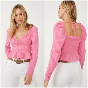 Free People Smocked Sweetheart Neck Long Puff Sleeve Peplum Top